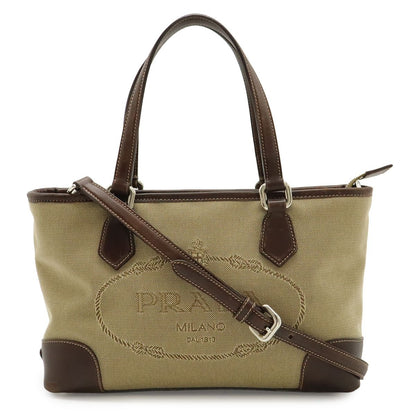 Prada Logo Jacquard 2-Way Shoulder Bag Canvas Leather Khaki Beige Dark Brown