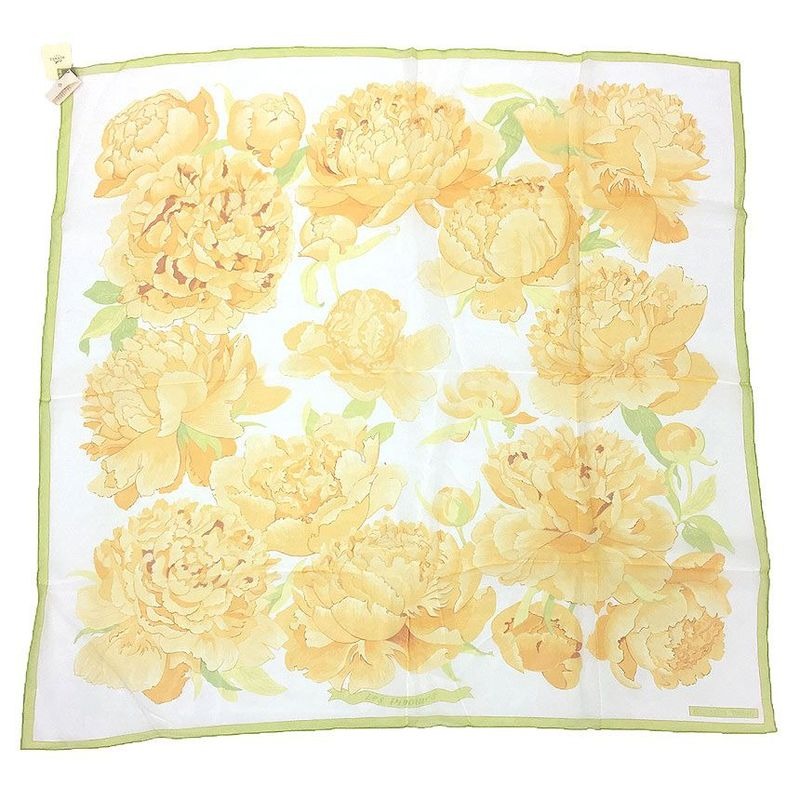 Hermes Scarf Carre 90 LES Pivoines Peony Silk Muslin Yellow