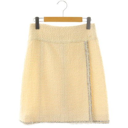 Chanel Tweed Coco Button Wrap Design Skirt Knee Length Silk Blend 36 Ivory