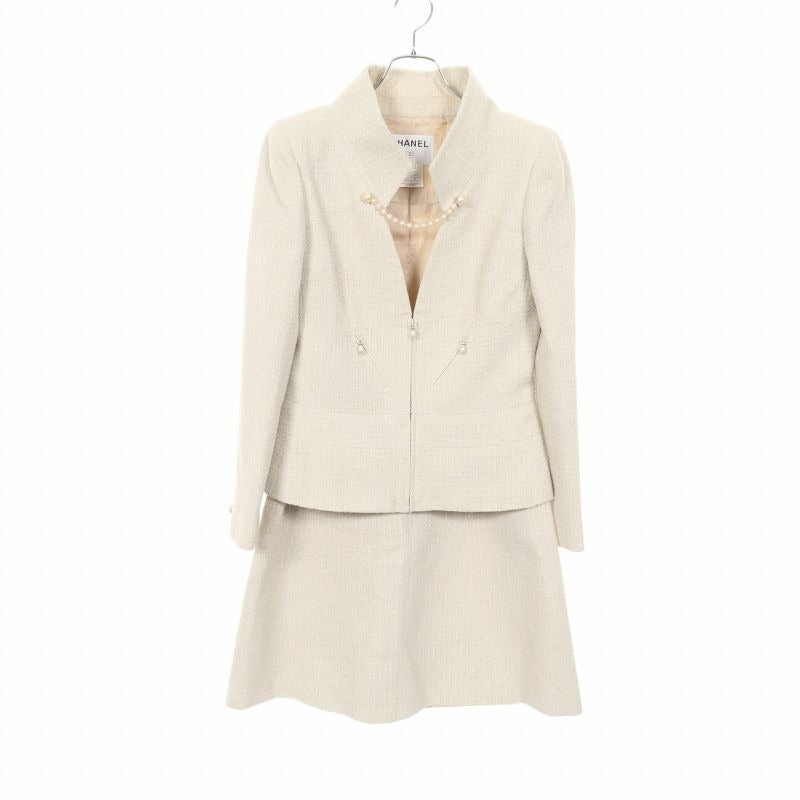 Chanel Set Suit Tweed Pearl Wool