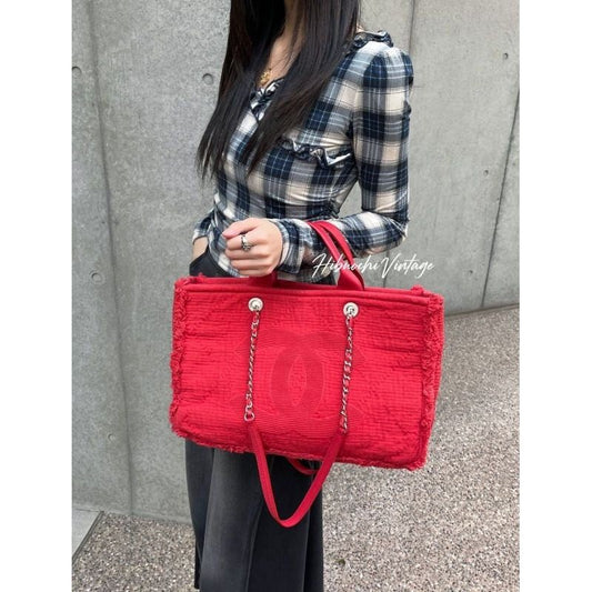 Chanel CC Logo Tote Shoulder Bag Red Canvas Vintage