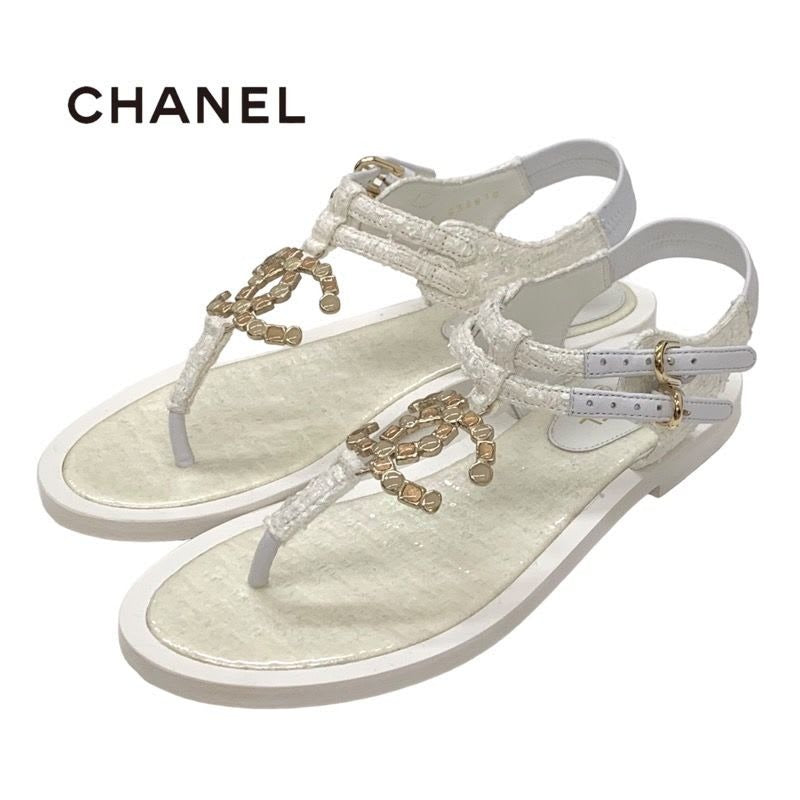 Chanel Sandals Shoes Fabric White Tweed Coco Mark Stone Thong