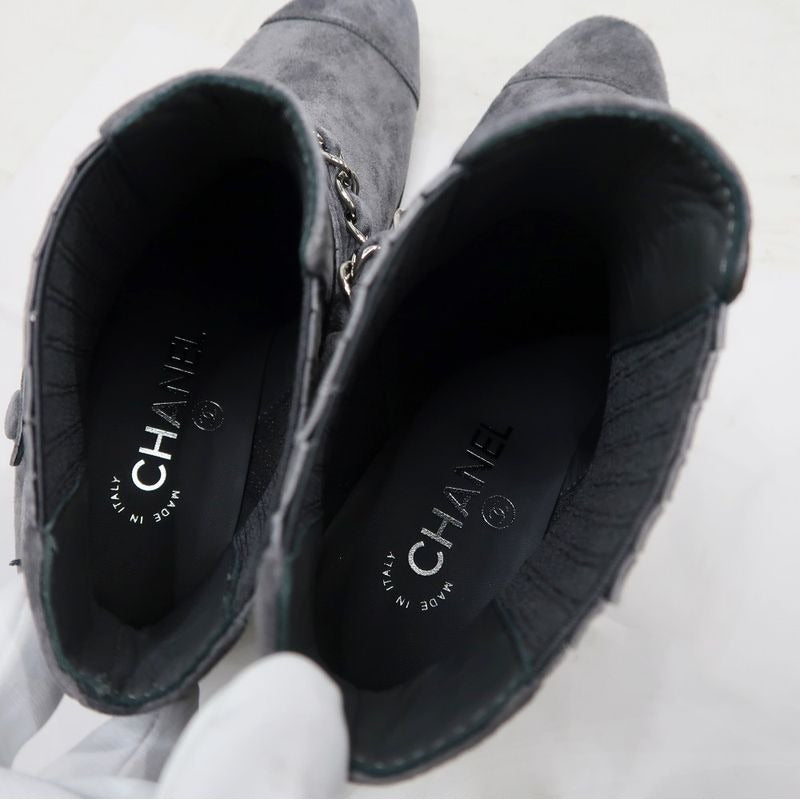 Chanel Side Gore Ankle Boots Size 38 C Gray Suede Shoes — view 7