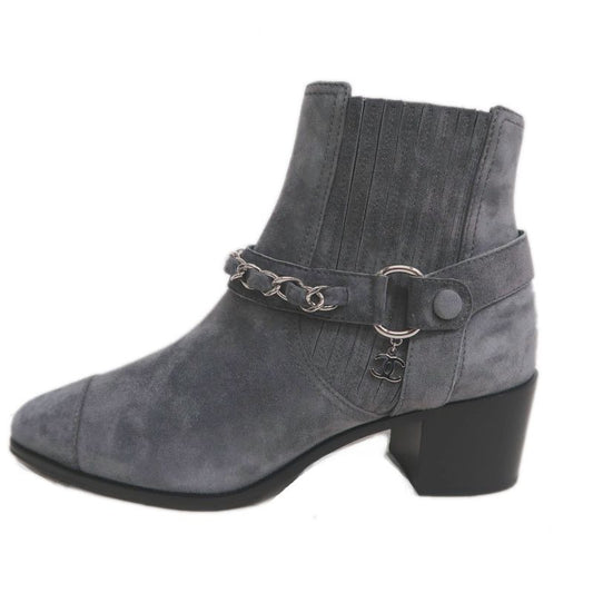 Chanel Side Gore Ankle Boots Size 38 C Gray Suede Shoes