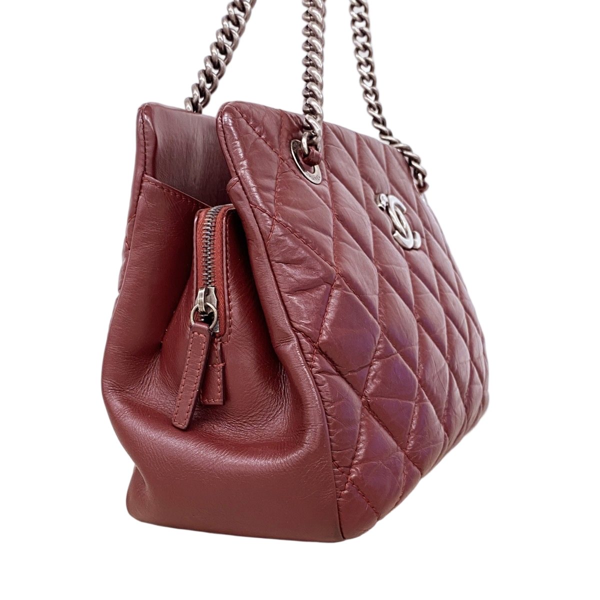 Chanel Chain Tote Quilted Leather Bordeaux Silver — view 2