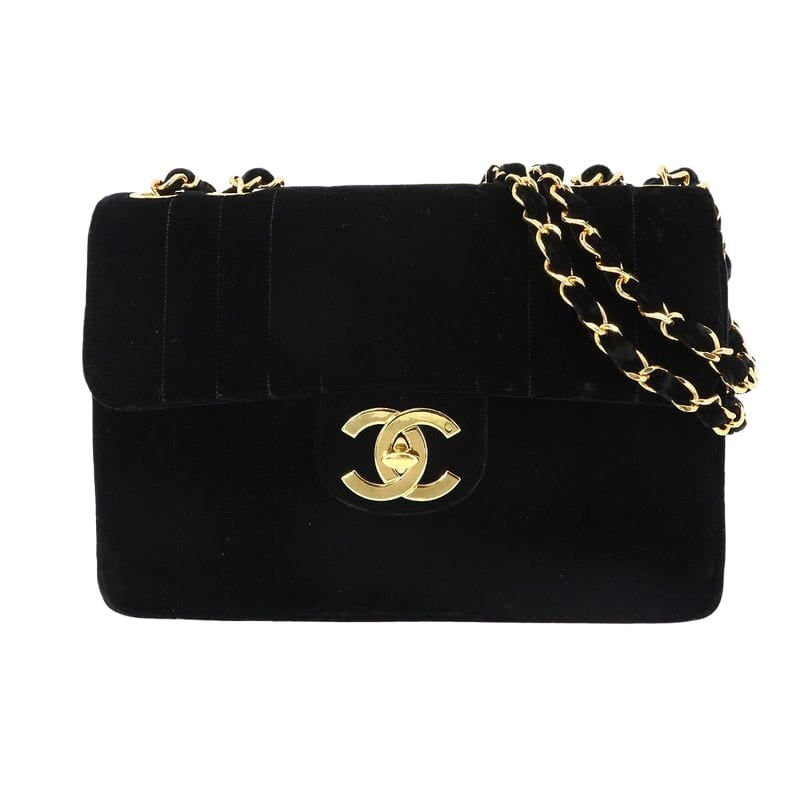 Chanel Mademoiselle Chain Shoulder Bag Velor Black Vintage Gold Hardware