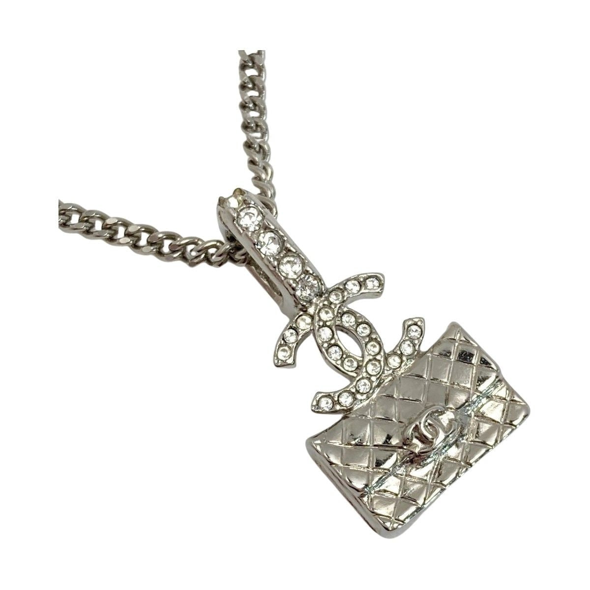 Chanel Coco Mark Quilted Bag Necklace A23 N Silver GP Rhinestone