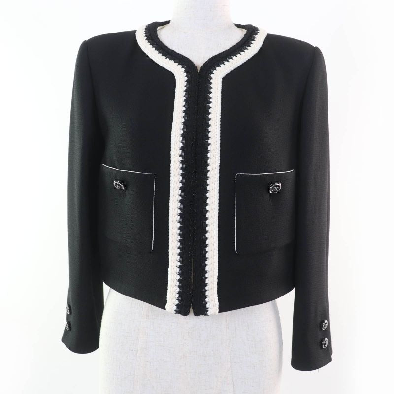 Chanel 22 C 100% Silk Rhinestone Coco Mark Button Collarless Jacket