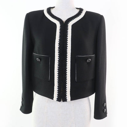 Chanel 22 C 100% Silk Rhinestone Coco Mark Button Collarless Jacket