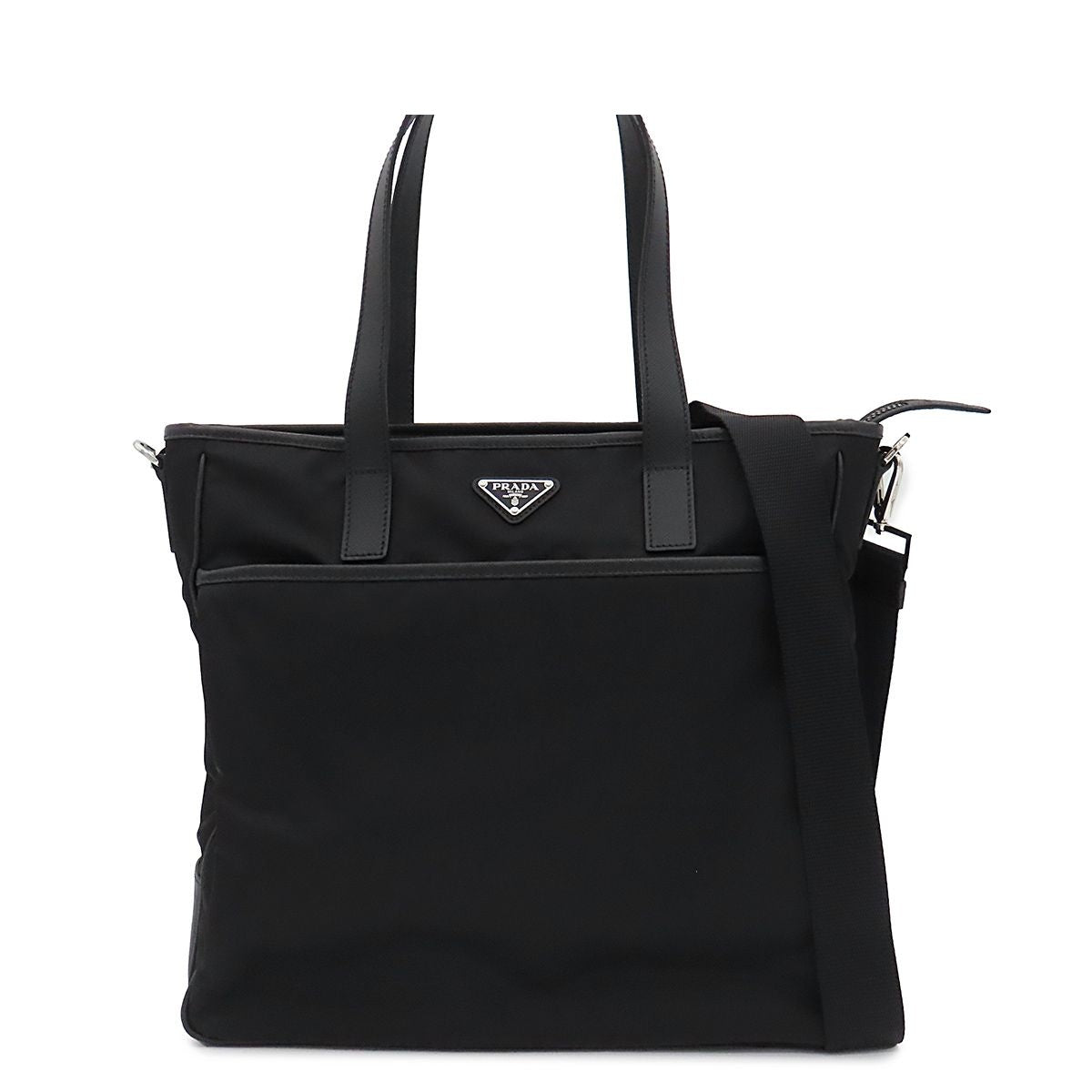 Prada Tote Black Silver Tessuto Leather Triangle Logo 2-Way Handbag