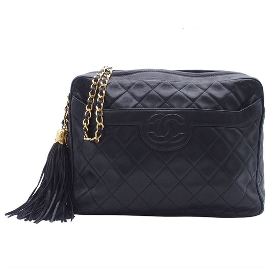 Chanel Chain Shoulder Bag Quilted CC Logo Fringe Vintage Black Gold Lambskin