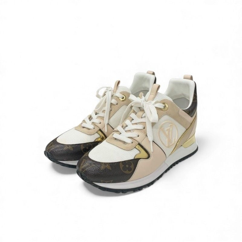 Louis Vuitton Run Away Line Monogram Sneakers Shoes Leather Mesh Pink Beige