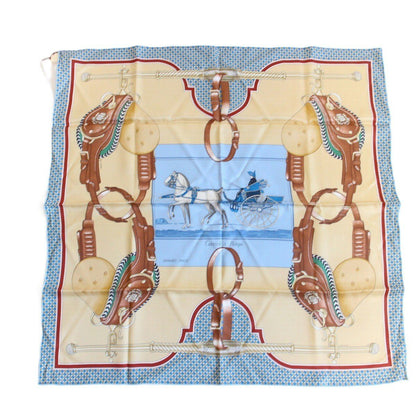 Hermes Carre 70 Scarf Carrick a Pompe Horse Tack Pattern Silk Blue Beige