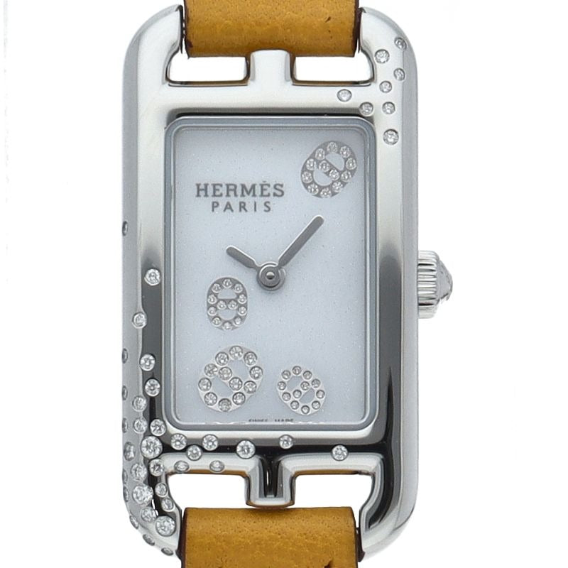 Hermes Nantucket Watch PM Diamond Bezel Box SS Leather