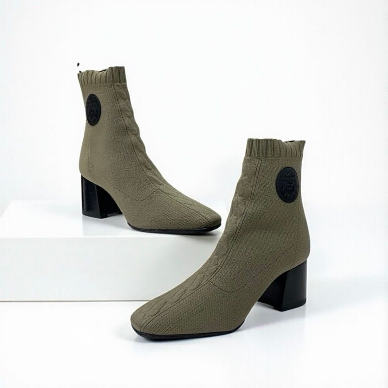 Hermes Volver Boots Short Shoes Fabric Leather Khaki Black Knit Exlibris