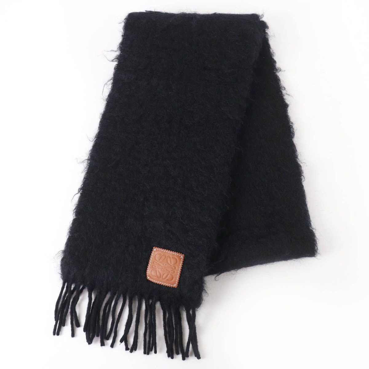 Loewe Mohair Wool Anagram Leather Patch with Fringe Scarf Black