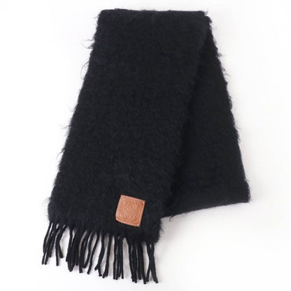 Loewe Mohair Wool Anagram Leather Patch with Fringe Scarf Black