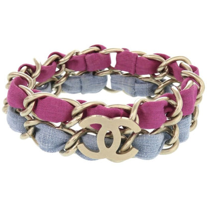 Chanel 2 Chain Coco Mark Metal Fabric Purple Light Blue Bracelet 0837