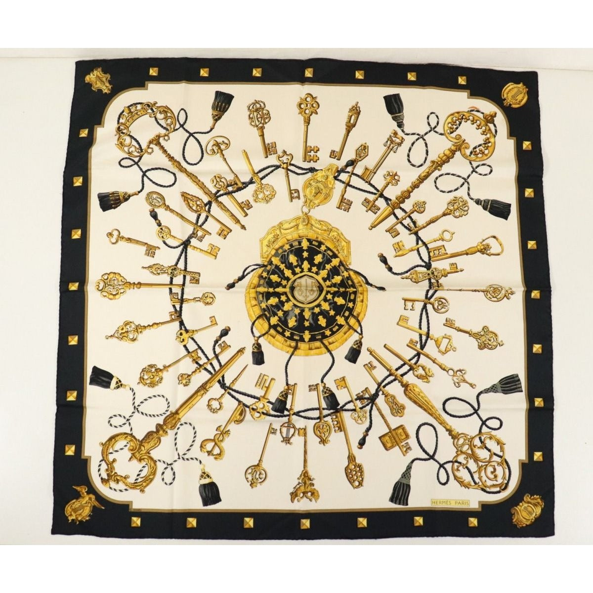 HERMES Silk Scarf Carre 90 Les Cles The Keys by Caty Latham Black White