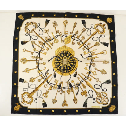 HERMES Silk Scarf Carre 90 Les Cles The Keys by Caty Latham Black White