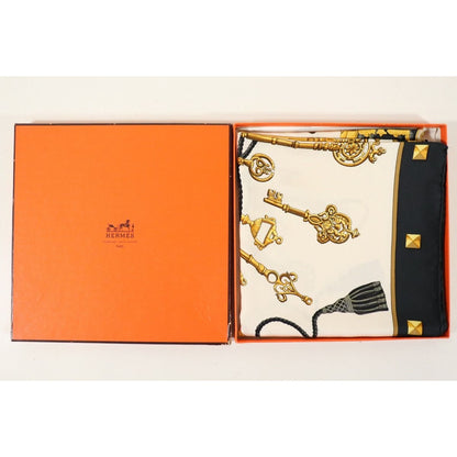 HERMES Silk Scarf Carre 90 Les Cles The Keys by Caty Latham Black White