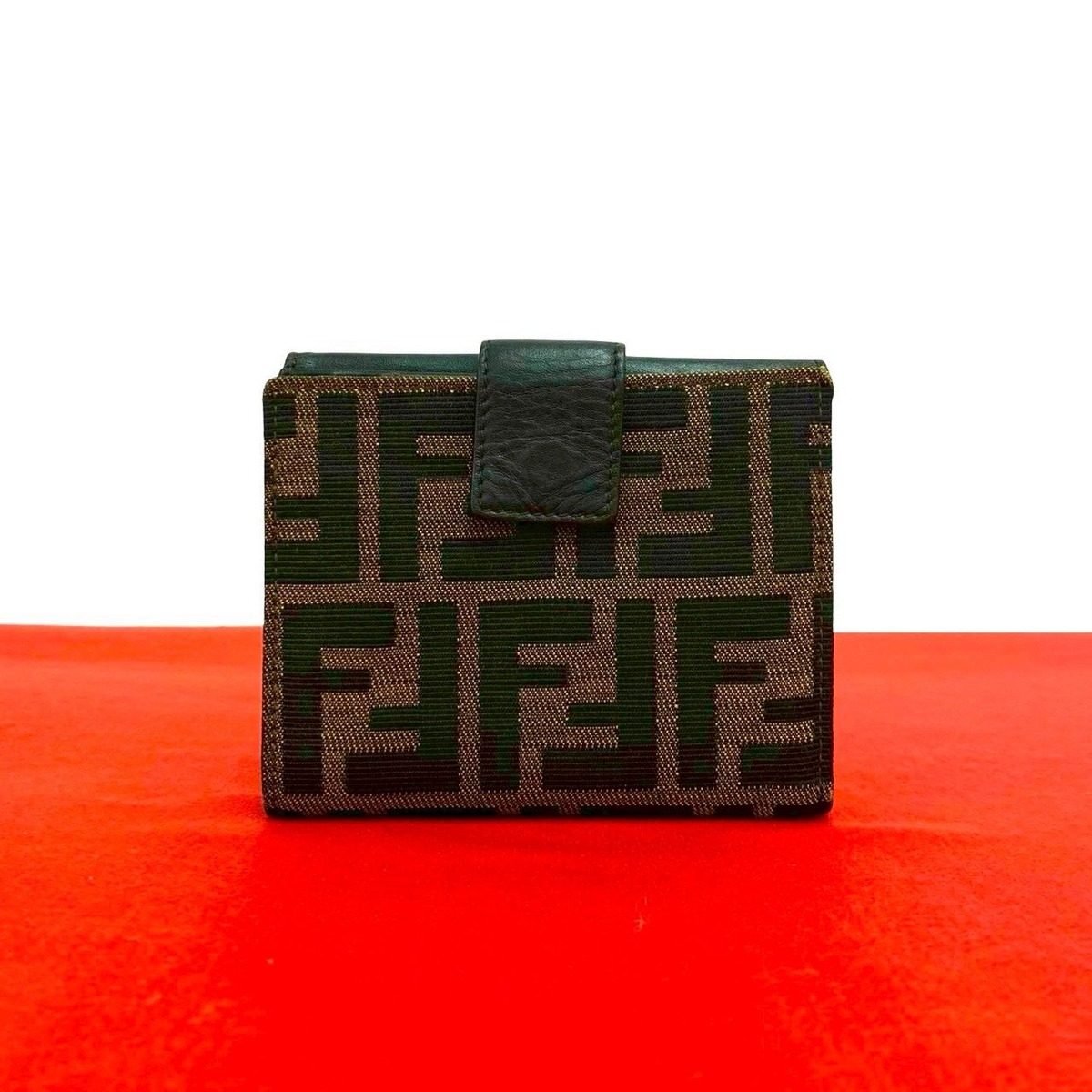 Fendi Zucca FF Pattern Canvas Leather Bifold Wallet Mini Card Case Brown Black