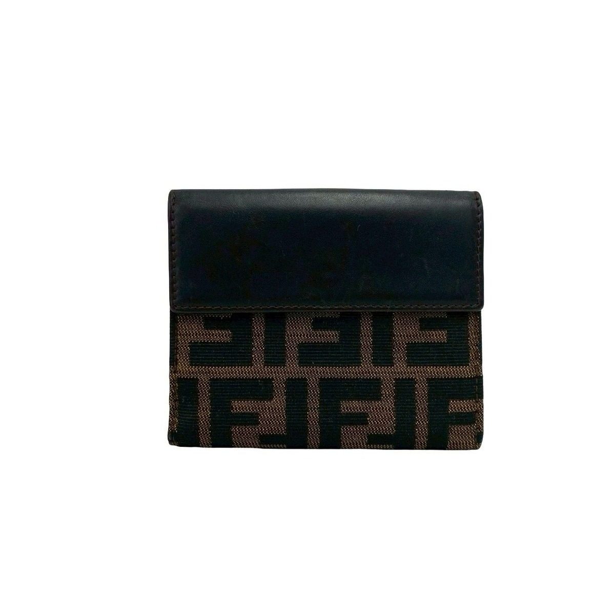 Fendi Zucca FF Pattern Canvas Leather Bifold Wallet Mini Card Case Brown Black — view 2