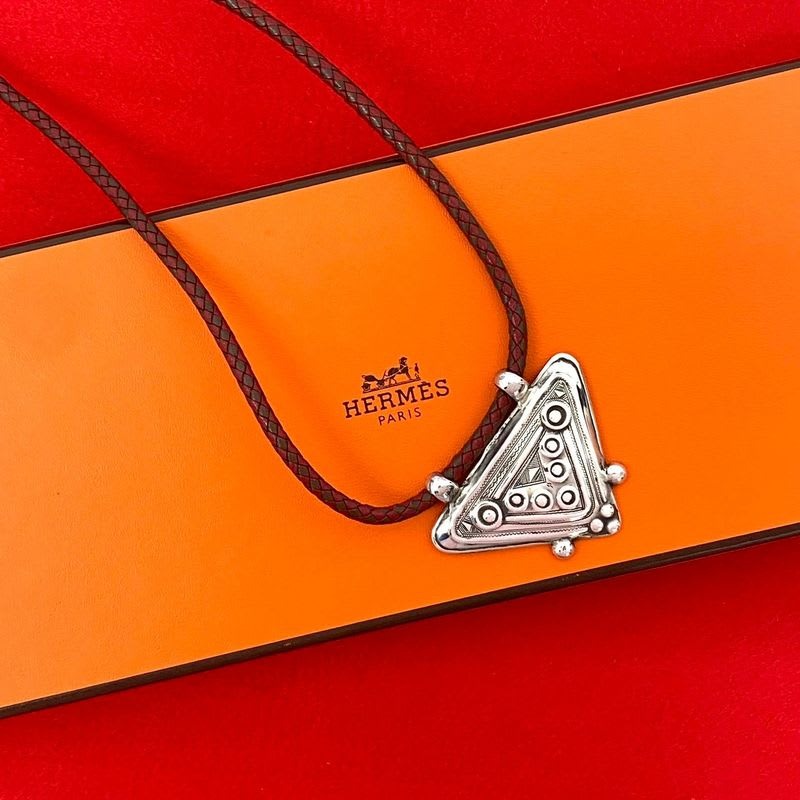 Hermes Touareg Necklace Leather Silver 925 Pendant Choker Red
