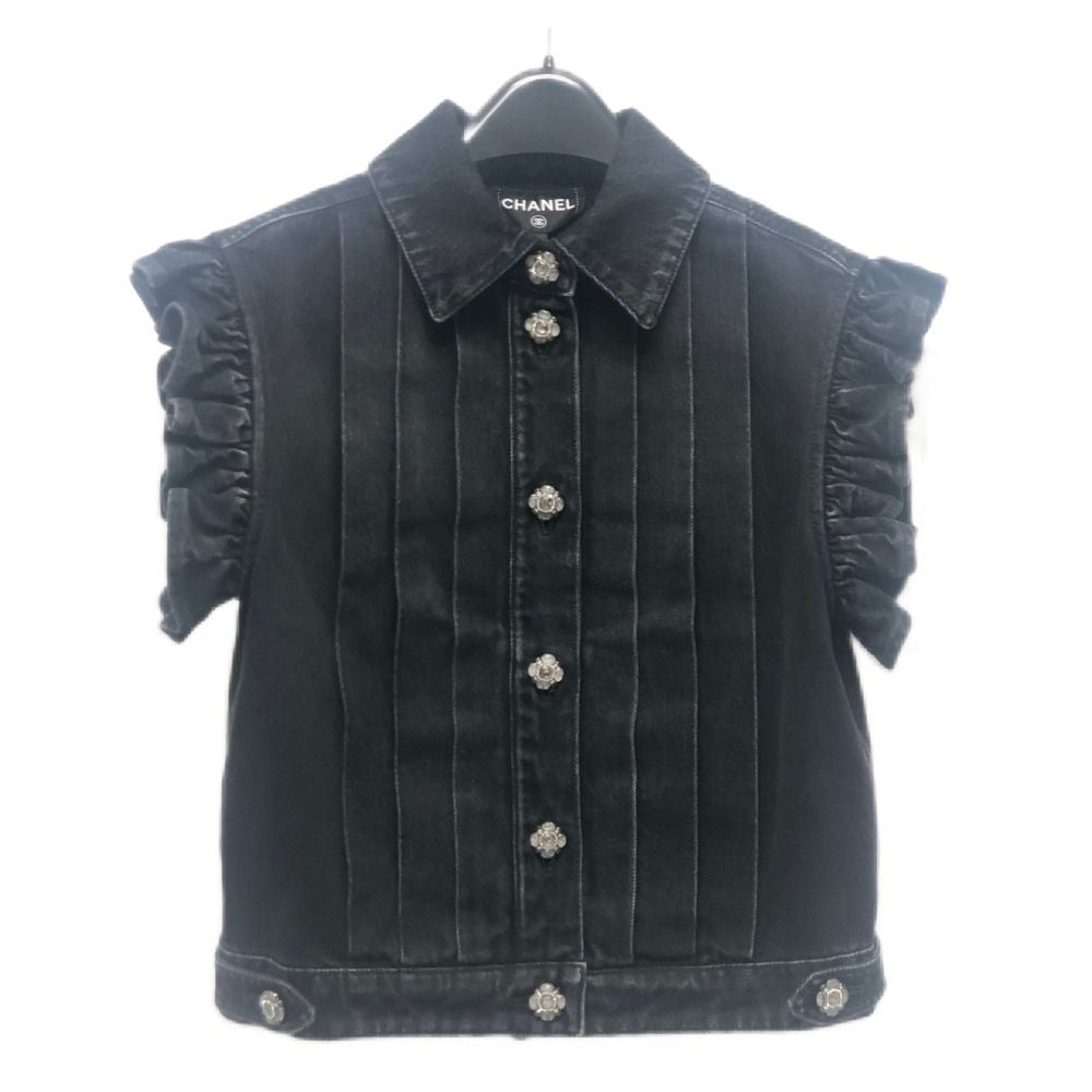 Chanel Jacket Bijuu Gripoix Button Washed Denim Ruffle Black