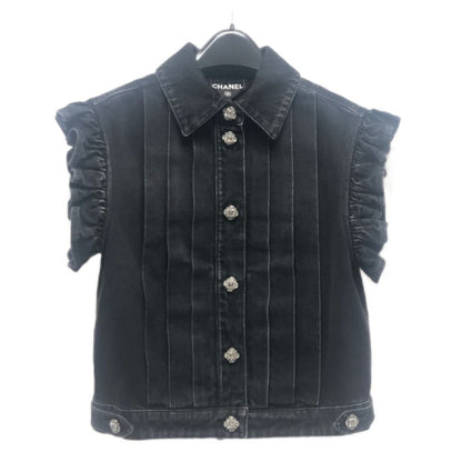 Chanel Jacket Bijuu Gripoix Button Washed Denim Ruffle Black