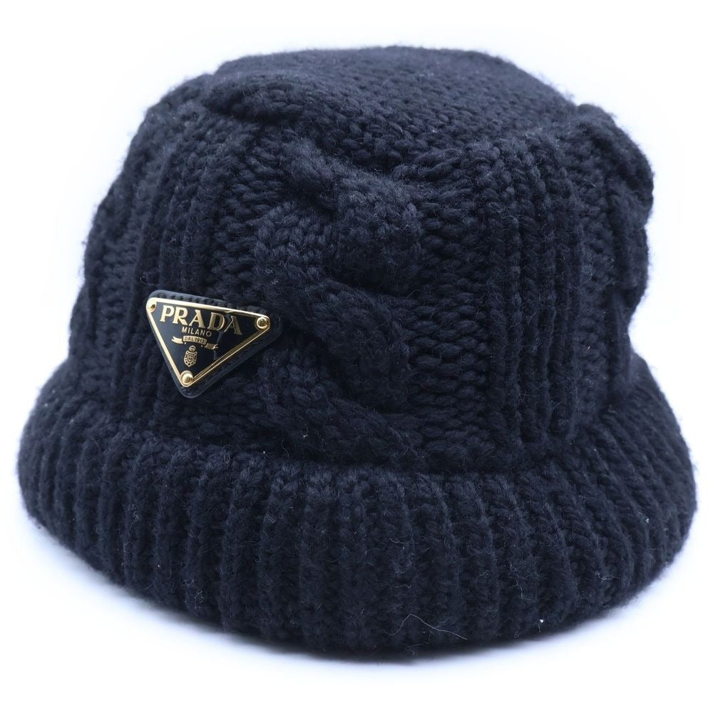 Prada Triangle Plate Wool Bucket Hat Black
