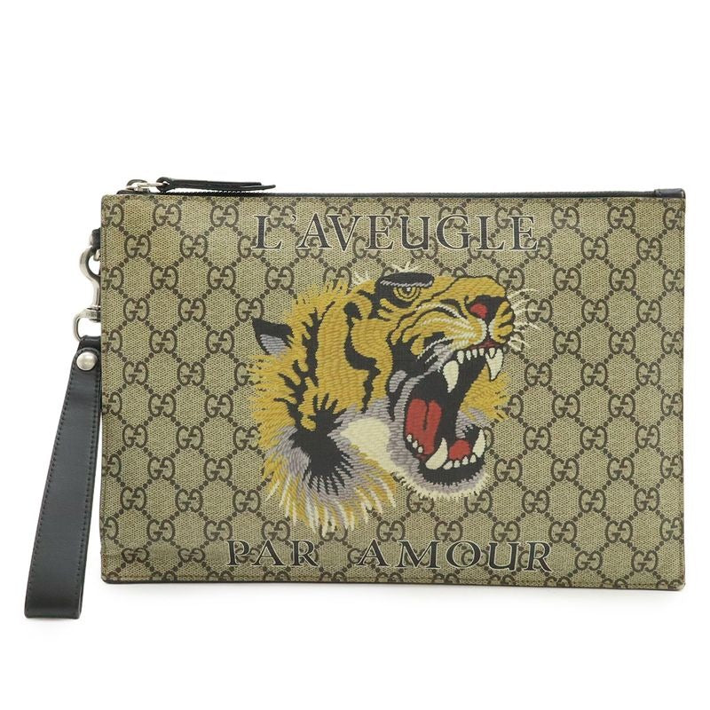 Gucci GG Supreme Clutch Bag Second Taiga Tiger Print Leather Khaki