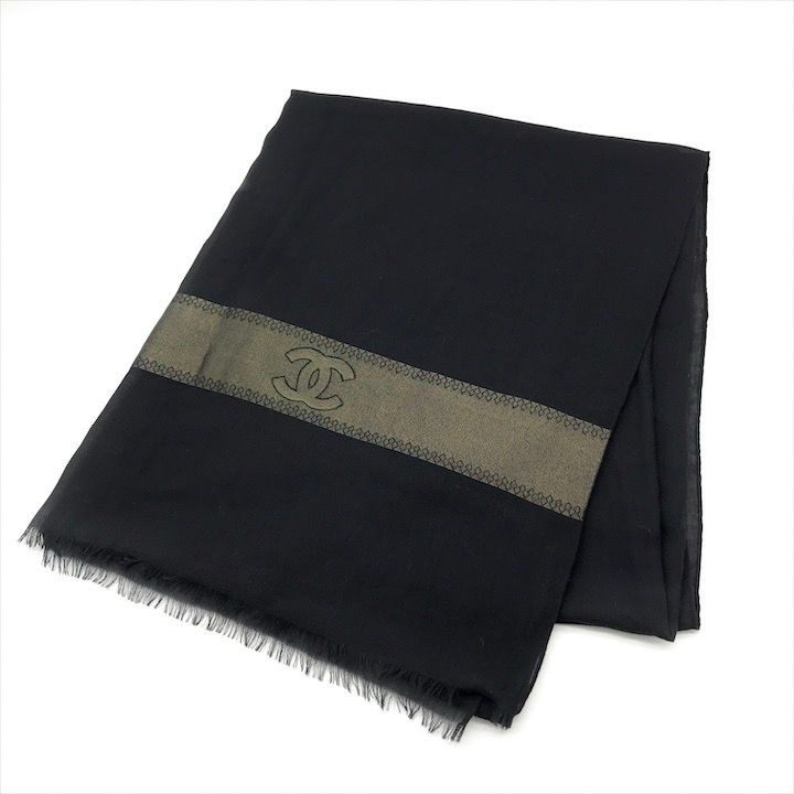 Chanel CC Logo Silk Large Shawl Scarf Pashmina Black Gold