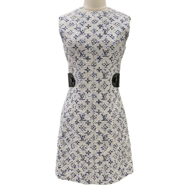 Louis Vuitton Monogram Dress White Blue Sleeveless Tweed