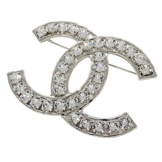 Chanel Brooch Metal Line Stone CC Logo Silver Large Glitter