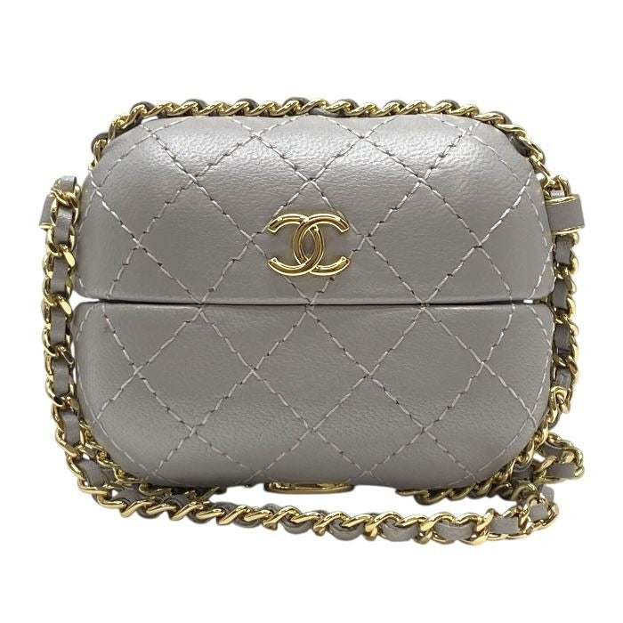 Chanel Airpods Case Quilted Chain Charm Lambskin Coco Mark Grey