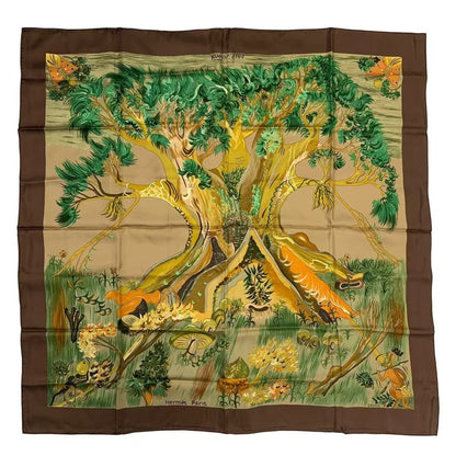 Hermes Carre 90 Scarf Silk Kuggor Tree Brown