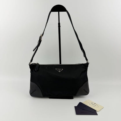 Prada Shoulder Bag Black Nylon Leather Vintage
