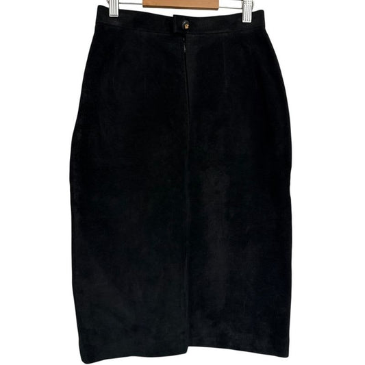 Chanel Vintage Clover Button Knee Length Suede Leather Skirt 38 Black