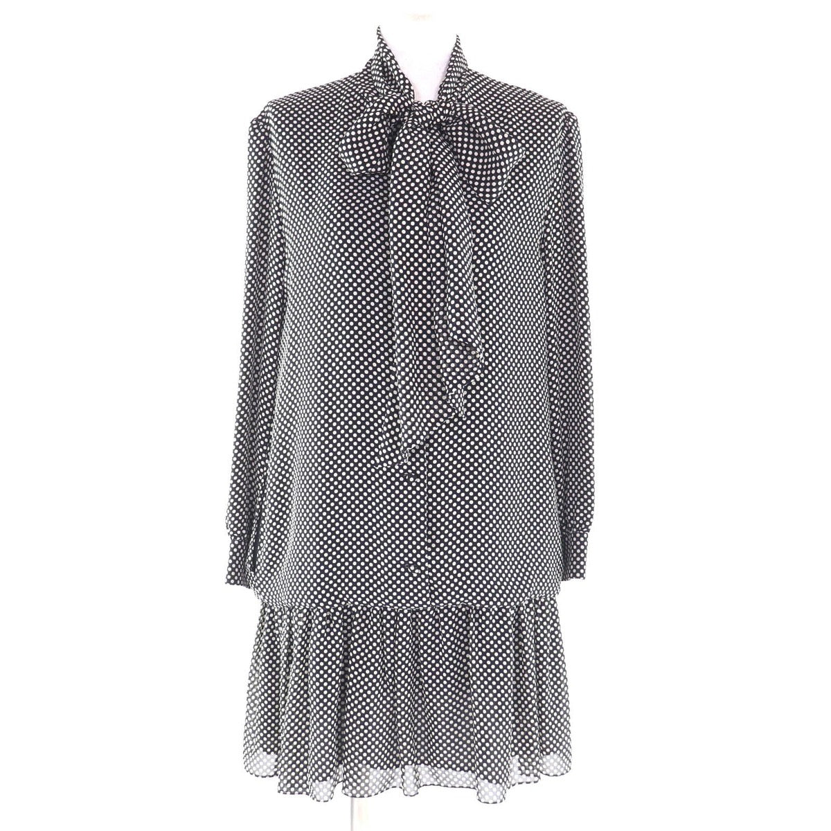 Celine Silk with Ribbon Tie Dot Pattern Dress Black 38