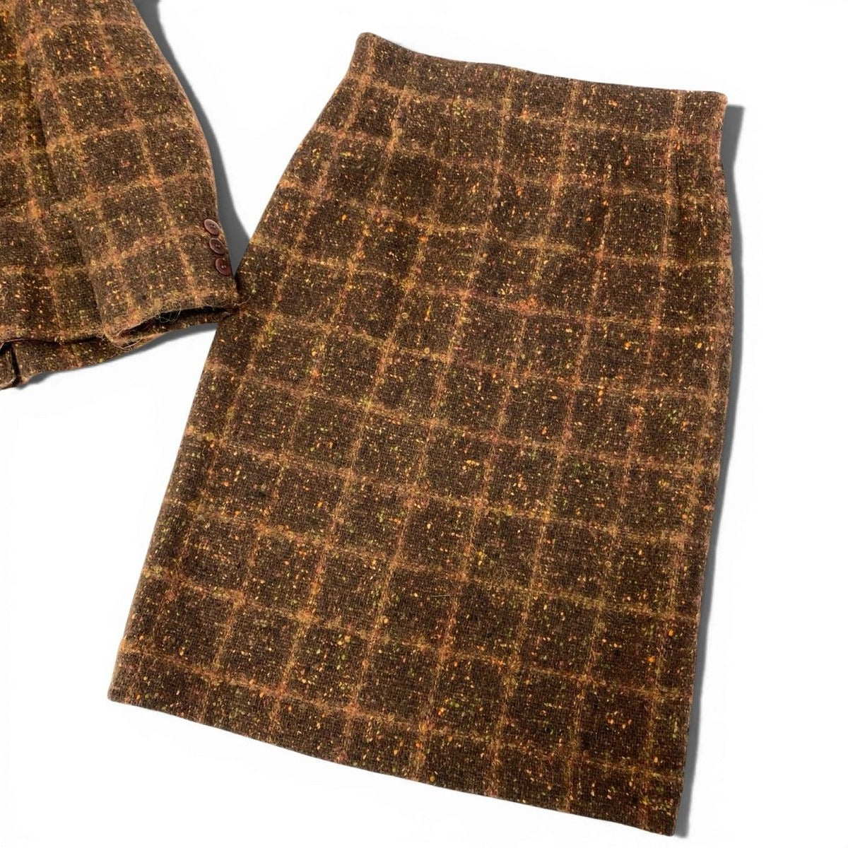 Celine Vintage Tweed Jacket Skirt Gold Chain 42 Brown Wool Rayon — view 5