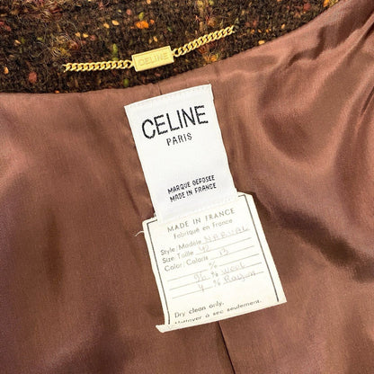 Celine Vintage Tweed Jacket Skirt Gold Chain 42 Brown Wool Rayon — view 10