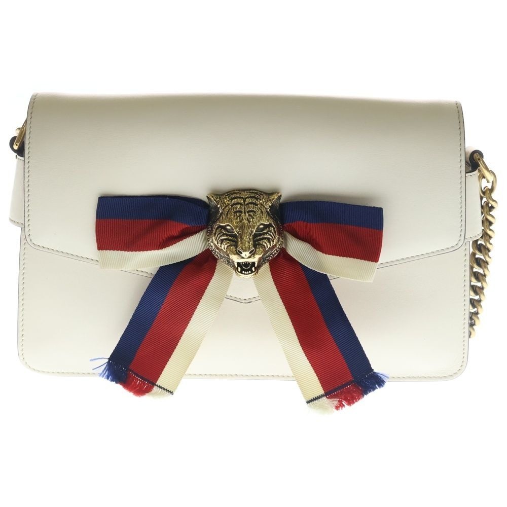 Gucci Animalier Broadway Bow Flap Chain Shoulder Bag White Leather Gold