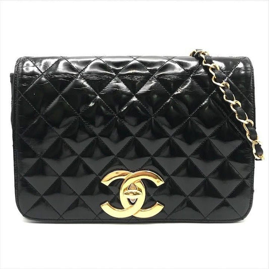 Chanel CC Logo Quilted Calf Enamel Full Flap Chain Shoulder Bag Black