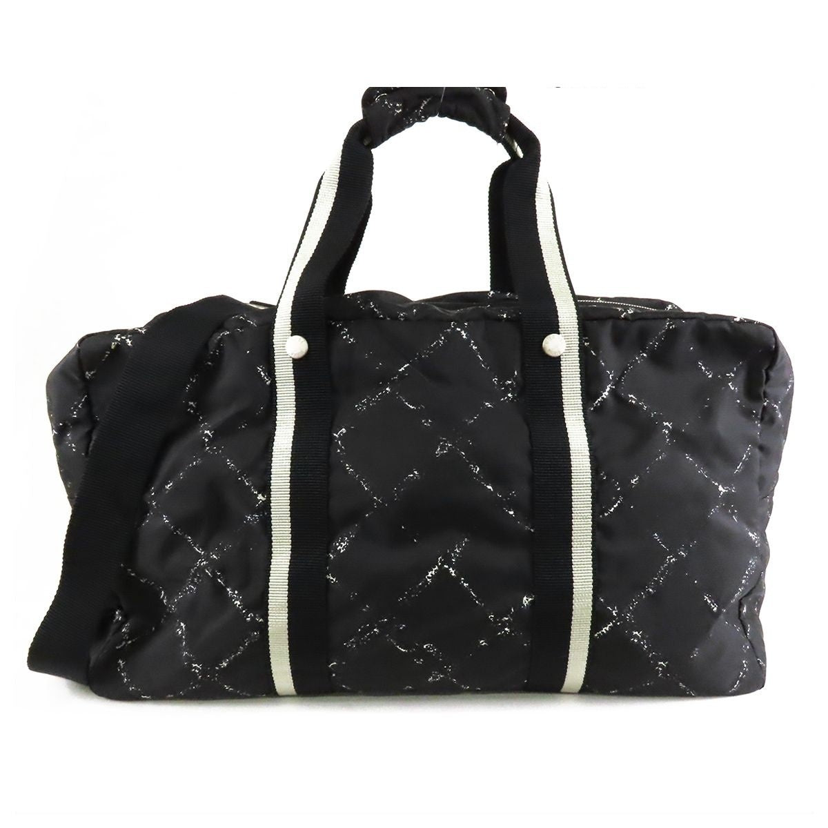 Chanel Vintage Travel Line Boston Bag Black White Silver Nylon 2-Way