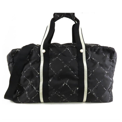 Chanel Vintage Travel Line Boston Bag Black White Silver Nylon 2-Way