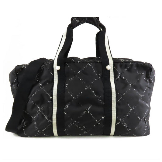 Chanel Vintage Travel Line Boston Bag Black White Silver Nylon 2-Way