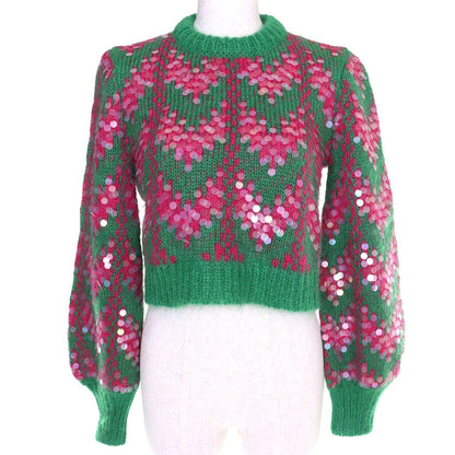 Gucci Sequin Cropped Length Mohair Blend Long Sleeve Knit Sweater Green Pink XS