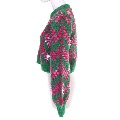 Gucci Sequin Cropped Length Mohair Blend Long Sleeve Knit Sweater Green Pink XS — view 2