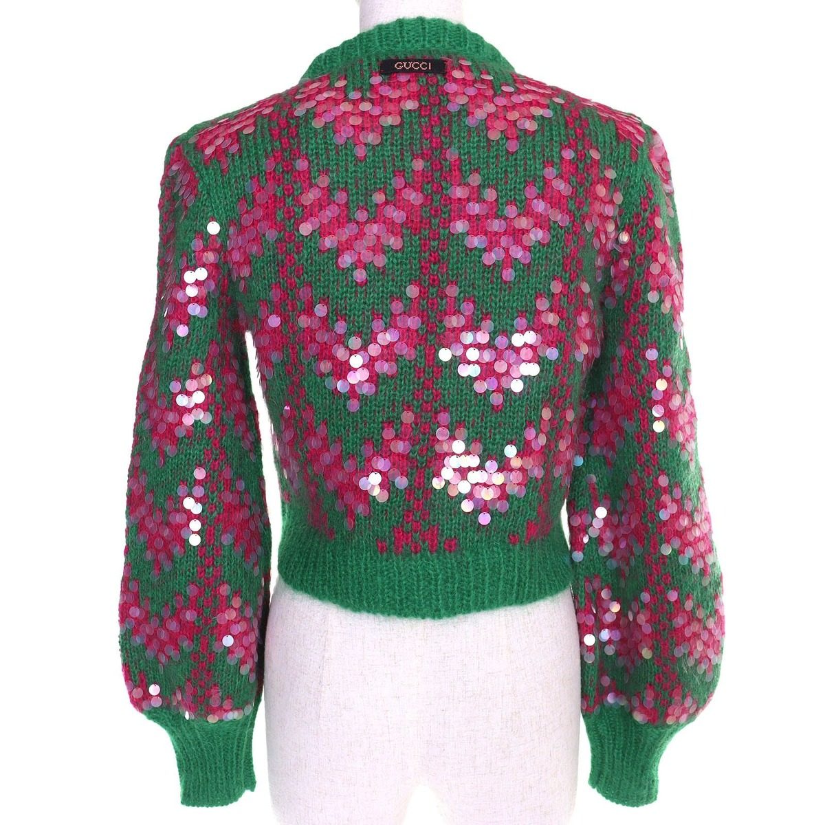 Gucci Sequin Cropped Length Mohair Blend Long Sleeve Knit Sweater Green Pink XS — view 3